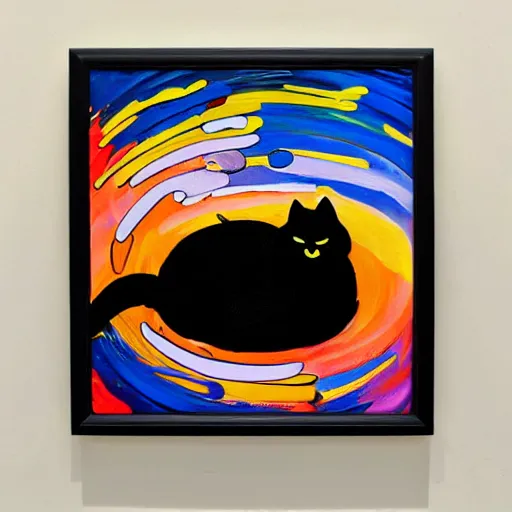 Prompt: an abstract oil painting of a cute fat black cat sleeping in the style of takashi murakami