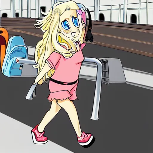 Prompt: wavy dirty-blonde haired girl rushing to a flight, anime/cartoon style