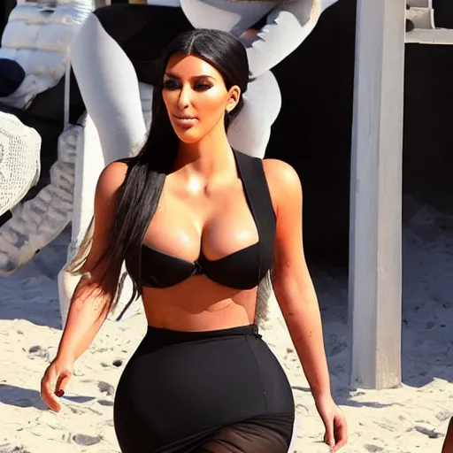 Prompt: kim kardashian fights ariana grande on hot sunny beach