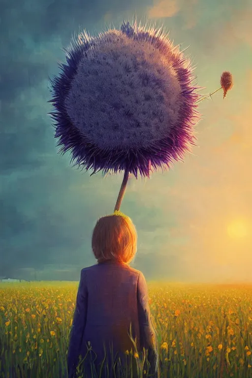 Image similar to portrait, huge thistle flower under head, a girl in a suit in field of flowers, surreal photography, sunrise, blue sky, dramatic light, impressionist painting, digital painting, artstation, simon stalenhag