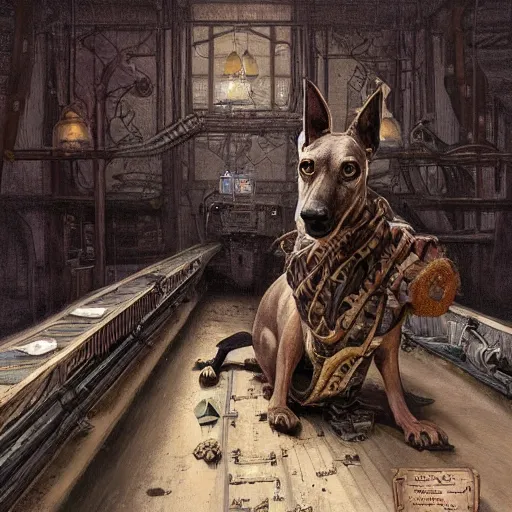 Image similar to an old dark brindle greyhound is sitting on a conveyor belt at the glue factory, d & d, fantasy, intricate, elegant, highly detailed, digital painting, artstation, concept art, matte, sharp focus, illustration, hearthstone, art by artgerm and greg rutkowski and alphonse mucha