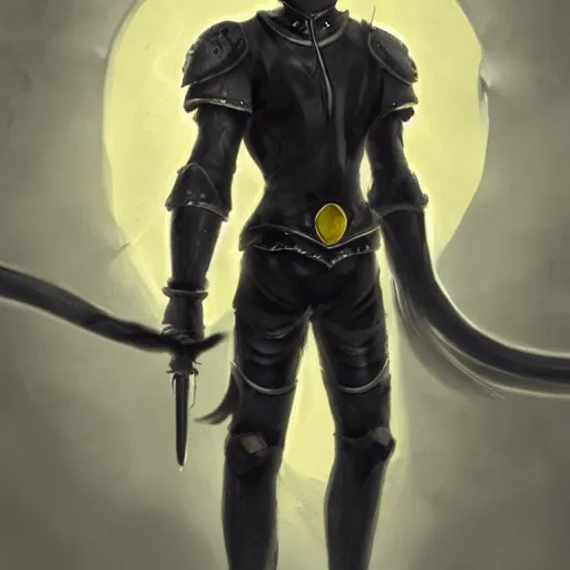 Image similar to Photo of the man with pale ash-colored skin, with yellow cat-eyes with vertical pupils, black thick hair with a touch of gray to the shoulders, with neat stubble, similar to a small beard and with a strong build. He wore a plain old shirt, with a light leather armor, male, elegant, digital fantasy art, hands straight down, insane, under light, Trending on artstation