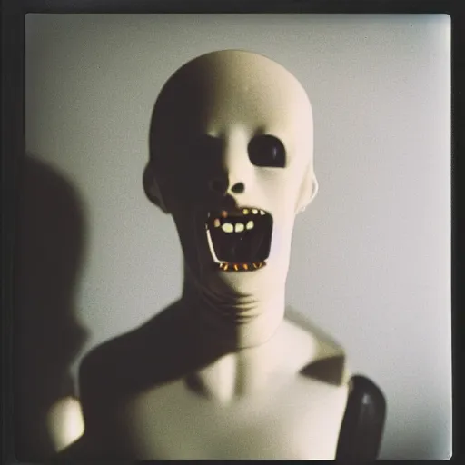 Prompt: a bizzare mannequin with a screaming face in a dark room, abandoned, creepy, eerie, scary, old polaroid, expired film, out or focus,