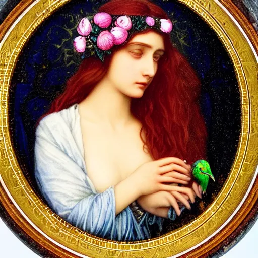 Image similar to Beautiful Pre-Raphaelite goddess of nature holding a little bird, in the style of John William Godward and Anna Dittman, close-up portrait, porcelain skin, head in focus, sacred mandala halo, flowers and plants, etheric, moody, intricate, mystical,