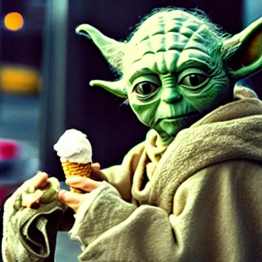 Prompt: high quality image of yoda eating ice-cream in new york