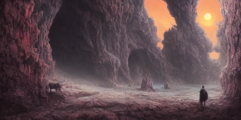 Image similar to lone wanderer in a highly detailed surreal cinematic cave entrance in a scifi landscape, psychedelic, amazing, by feng zhu, wayne barlowe, perfect geometry, hyper - detailed, sharp, beautiful, desaturated, beautiful lighting, oil on canvas, sunset