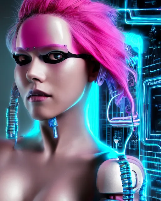 Prompt: portrait of a beautiful peruvian woman with pink hair as a cyberpunk cyborg half robot, revealing wires and electronics, hooked - up, sci - fi, missing panels, intricate abstract upper body intricate artwork, concept art, octane render, deviantart, cinematic, key art, hyperrealism, iridescent accents, portrait photograph, nikon 3 5 mm, photograph by greg rutkowski