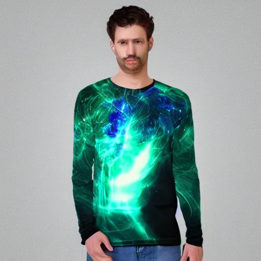 Image similar to ethereal long sleeve t shirt made of blue and green light, divine, cyberspace, mysterious, dark high-contrast concept art