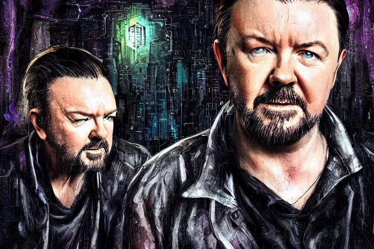 Prompt: full length portrait of ricky gervais as a cyberpunk wizard, dramatic lighting, depth, high detail, digital art, painted by marguerite anderson