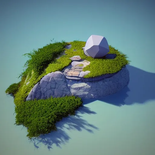 Prompt: a floating island on an aquatic environment isometric art, lago de sorapis landscape, low poly art, game art, artstation, 3D render, high detail, cgsociety, octane render