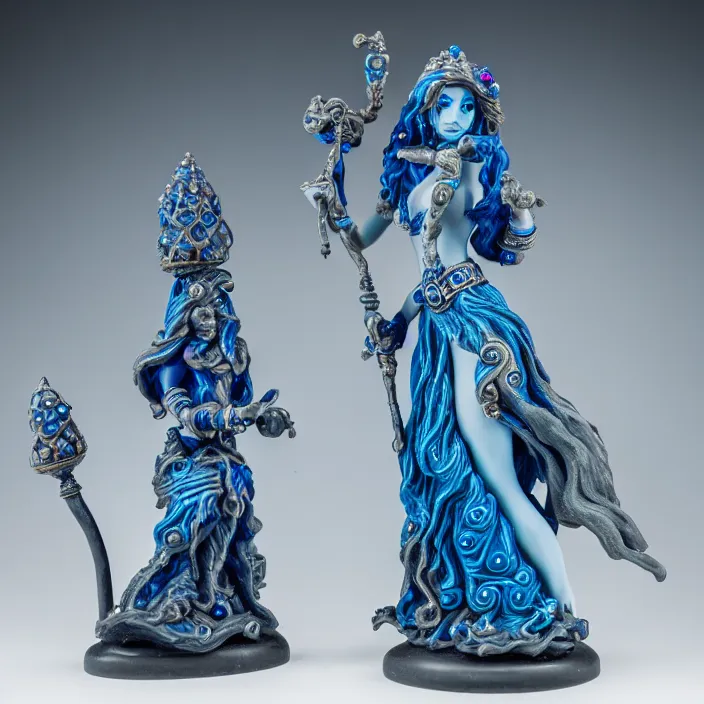 Image similar to photograph of a very beautiful elemental water witch with ornate blue robs and staff, extremely detailed. dslr. 8 5 mm.