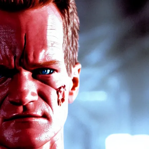 Prompt: neil patrick harris as the terminator, 4 k hd film still, terminator, red eye, cyborg