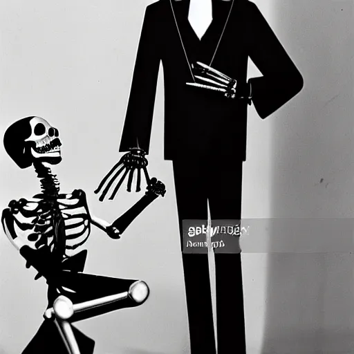 Image similar to skeleton in a tuxedo watching a 1930s television
