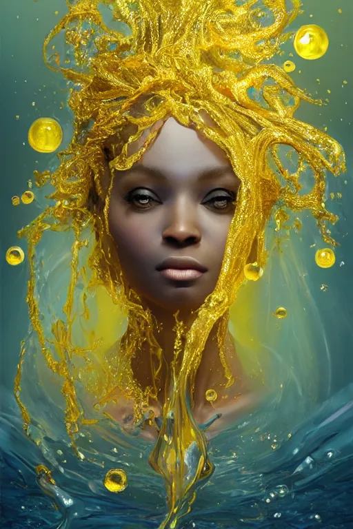 Image similar to epic 3 d oshun, goddess of beauty, liquid hands and feet spinning, 2 0 mm, with gold and yellow fresh water, melting smoothly into asymmetrical bubbles and fish, liquid, delicate, intricate, houdini sidefx, trending on artstation, by jeremy mann and ilya kuvshinov, jamie hewlett and ayami kojima