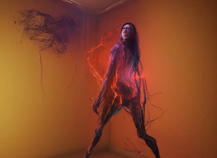 Image similar to rgb, portrait, woman, bedroom full of fire, rage, cinematic, movie scene, inspired by zdzislaw beksinski, clothes made out of veins,, cables everywhere, bedroom, ultra realistic, concept art, intricate details, highly detailed, photorealistic, octane render, 8 k