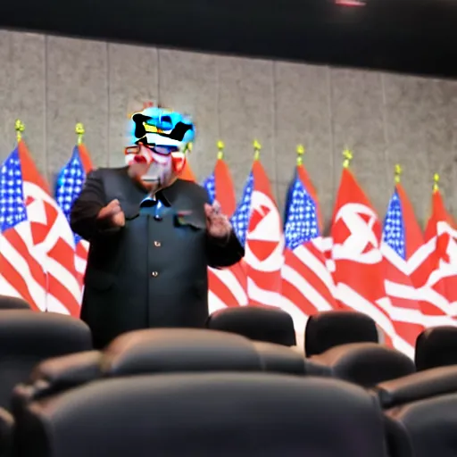 Image similar to paparazzi photo of Kim Jong-un with a microphone in his left hand rapping alone in a empty theater, wide angle, uhd, 8k, award winning