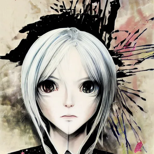 Image similar to Yoshitaka Amano style portrait of an anime girl with white hair and black eyes wearing suit with patterns, abstract black and white background, film grain effect, highly detailed, oil painting