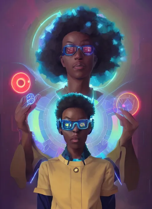 Image similar to afro - futurist scientist, computers and holograms, hacking the metaverse | hyperrealistic oil painting | by makoto shinkai, ilya kuvshinov, lois van baarle, rossdraws, basquiat | afrofuturism, in the style of hearthstone, trending on artstation | dark color scheme