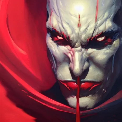 Image similar to 4k headshot portrait of Spawn from Macfarlane comics by Craig Mullins, ilya kuvshinov, krenz cushart, epic , artgerm trending on artstation by Edward Hopper and Dan Mumford and WLOP and Rutkovsky, beksinski carl spitzweg moebius and tuomas kocar, intricate artwork by caravaggio, Unreal Engine 5, Lumen, Nanite , 4K headshot of godlike clown with defined arms and open hands and bloody clothes with giant mandala wings , intricate face , flawless anime cel animation by Kentaro Miura, psychedelic , highly detailed upper body , professionally post-processed , beautiful, scary, symmetry accurate features, epic, octane rendered, anime masterpiece, accurate