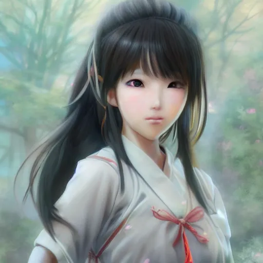 Image similar to ultra-detailed, HD semirealistic anime CG concept art digital painting of a Japanese schoolgirl, by a Chinese artist at ArtStation, by Huang Guangjian, Fenghua Zhong, Ruan Jia, Xin Jin and Wei Chang. Realistic artwork of a Chinese videogame, gentle an harmonic colors.