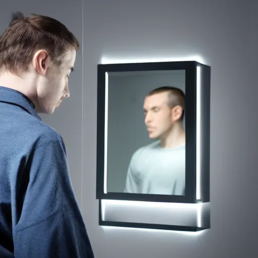 Prompt: human holograph looking to his refelection in mirror