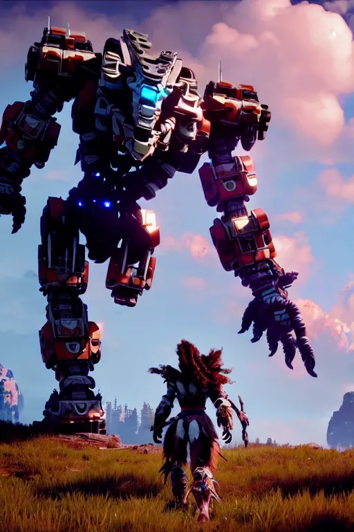 Image similar to a cinematic still from horizon zero dawn, full body mech, armored core, intact humanoid servo, octane render, nvidia raytracing demo, masterpiece, aged armor plating, decipticon armor plating, aggressive head, endoekeleton exposure