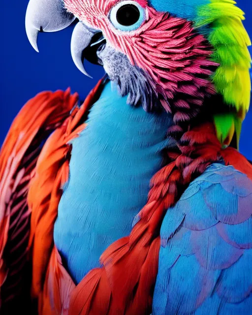 Image similar to natural light, soft focus portrait of a cyberpunk anthropomorphic parrot with soft synthetic pink skin, blue bioluminescent plastics, smooth shiny metal, elaborate ornate head piece, skin textures, by annie leibovitz, paul lehr