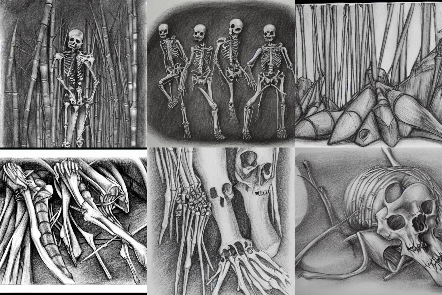 Prompt: bamboo shoots growing out of a human skeleton, post apocalyptic, pencil drawing