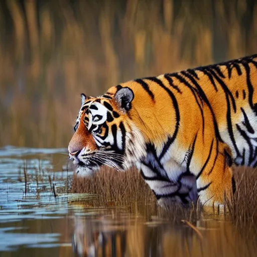 Prompt: sunset photo of a purple tiger in a swamp in the dark sunset, fur with mud, muddy fur, 300 mm depth of field bokeh