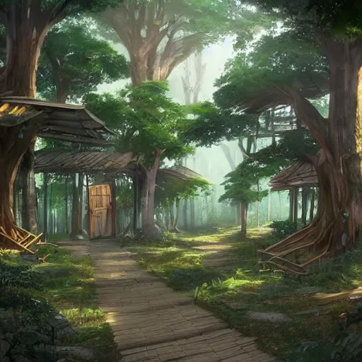 Prompt: concept art painting of treehouses made out of trees, walkways between trees, trees with doors and windows in a deep forest, realistic, detailed, cel shaded, in the style of makoto shinkai and greg rutkowski and james gurney