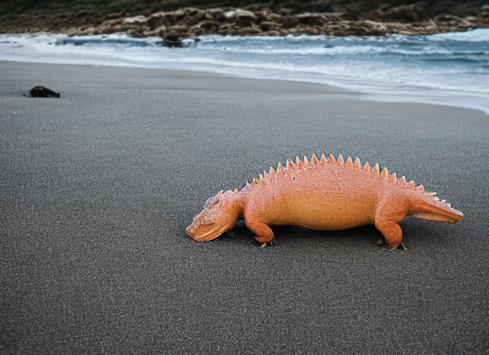 Prompt: dimetrodon on a beach, canon eos r 3, f / 1. 4, iso 2 0 0, 1 / 1 6 0 s, 8 k, raw, unedited, symmetrical balance, in - frame