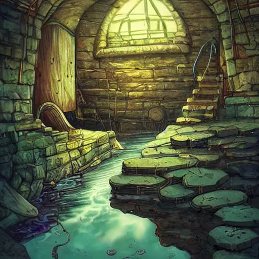 Prompt: drowned bandit lair, sewers, victorian, warehouse, fantasy art