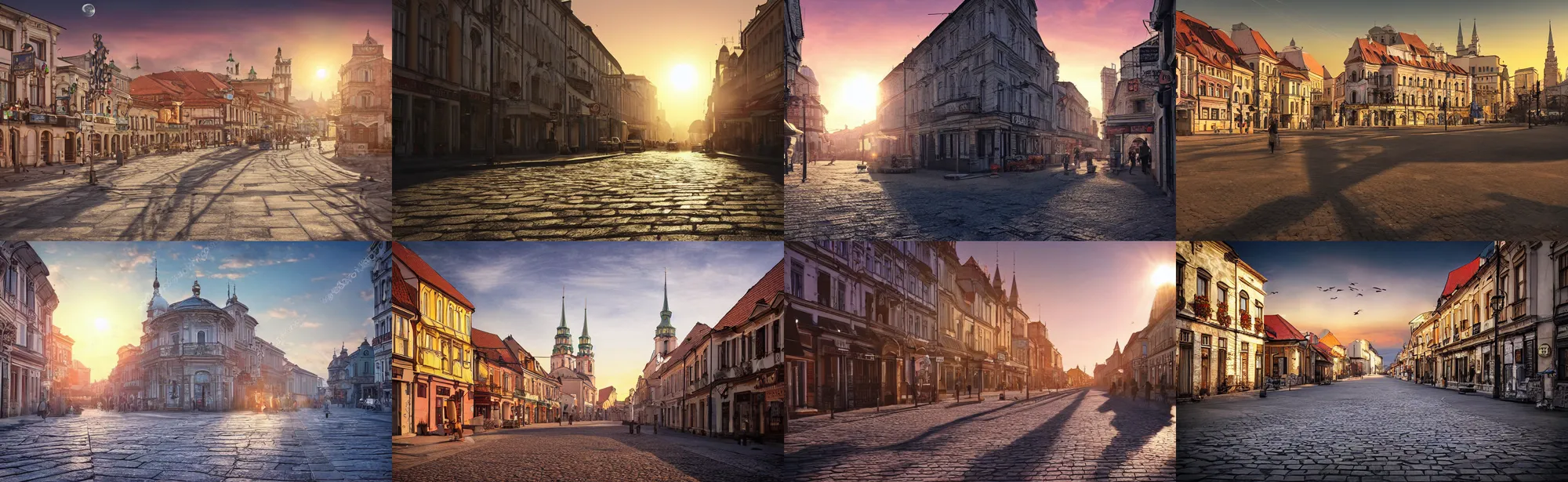 Prompt: an Eastern European city on the moon street photo, sunrise, long shadows, photorealistic, stunning, award winning photo