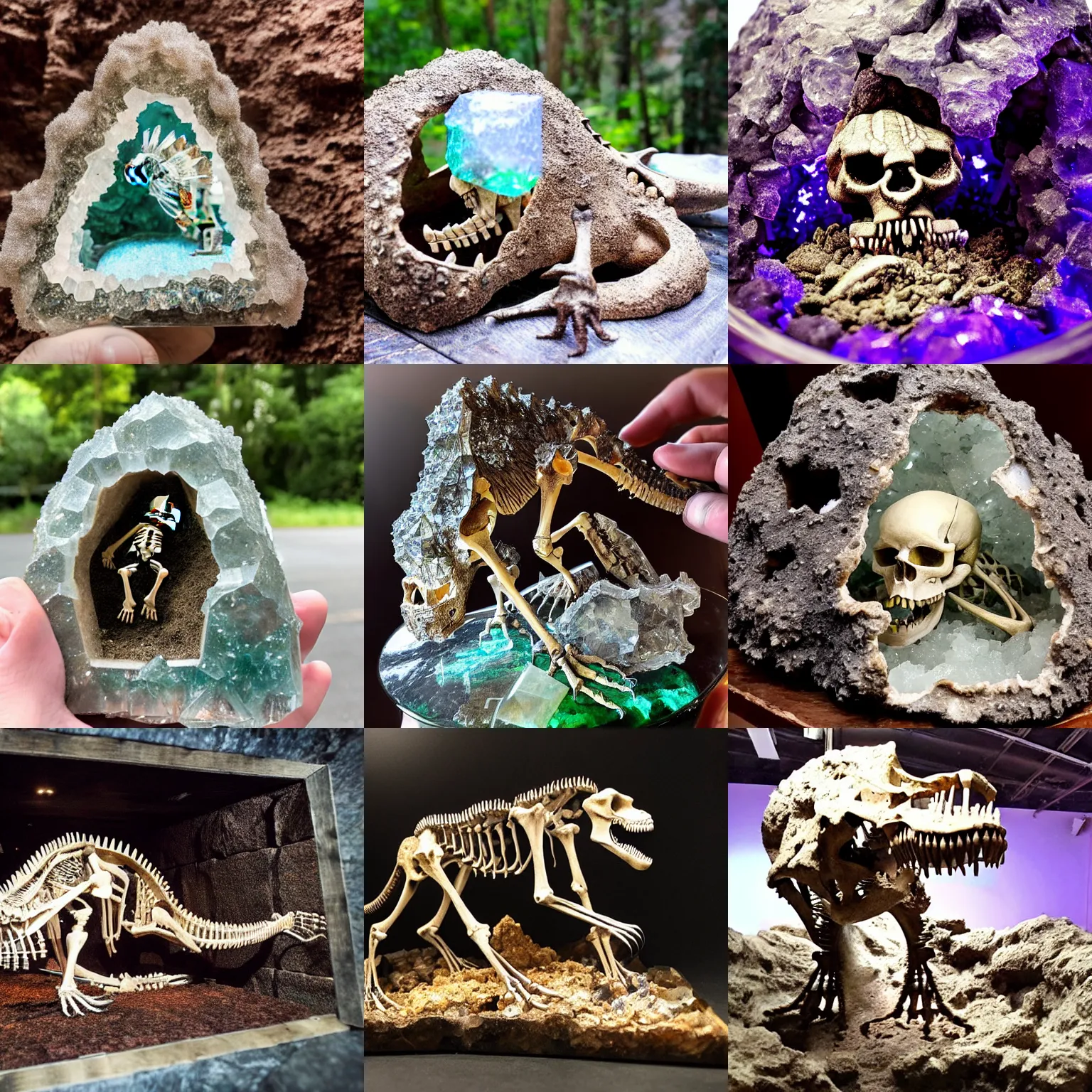 Prompt: dinosaur skeleton (dinoaur-skeleton) in a crystal geode ((in a crystal geode))