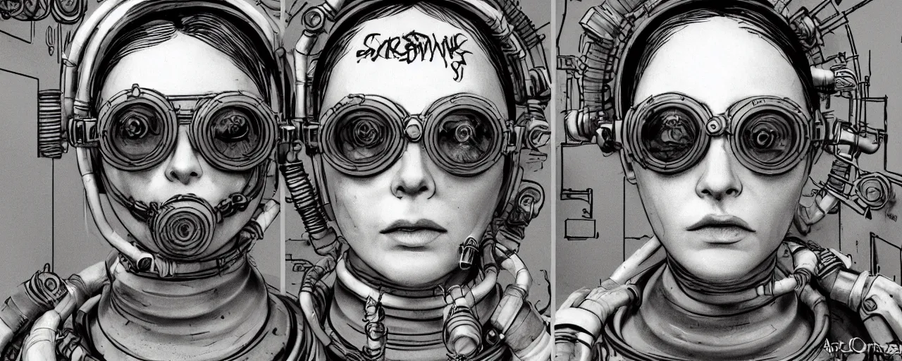 Prompt: detailed ink character concept art 3 / 4 portrait of tattooed stoic heroic emotionless butch blonde woman engineer with short slicked - back hair, wearing dark victorian goggles, wearing orange bandana around neck, working inside reactor room, awkward and uncomfortable and anxious, dirty. industrial space program, scifi, hyper detailed. octane render. trending on artstation