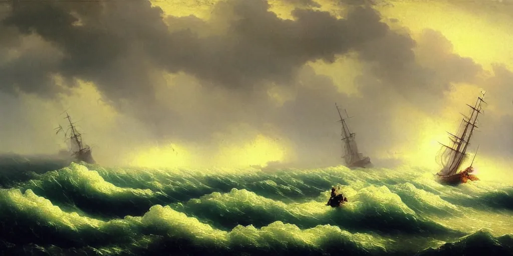 Prompt: ships sailing through a tumultuous sea by ivan aivazovsky, stormy weather, trending on artstation