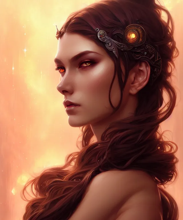 Image similar to fantasy magic woman portrait, sci-fi, amber eyes, face, long hair, fantasy, intricate, elegant, highly detailed, digital painting, artstation, concept art, smooth, sharp focus, illustration, art by artgerm and greg rutkowski and alphonse mucha