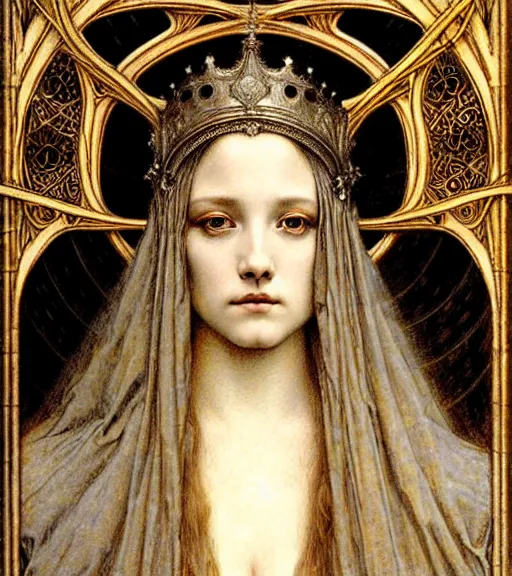 Image similar to detailed realistic beautiful young medieval queen face portrait by jean delville, gustave dore and marco mazzoni, art nouveau, symbolist, visionary, gothic, pre - raphaelite. horizontal symmetry