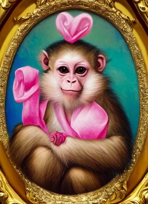 Prompt: baroque rococo painting Royal Holy Fancy Baby Monkey Hildebrandt Lisa Frank high detail cute adorable whimsical up close simian ape monkey ribbon pink fur