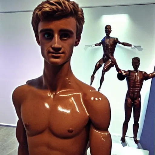 Image similar to “a realistic detailed photo of a guy who is an attractive humanoid who is half robot and half humanoid, who is a male android, British diver Jack Laugher & Chris Mears, shiny skin, posing like a statue, blank stare, at the museum, on display”