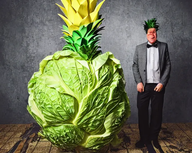 Image similar to a man wearing a cabbage mask, pineapple hat, formal suit, full body, full size, crumpled paper background, hyperrealistic, highly detailed, sharpness, dramatic lighting, modern detailed photo, by mark simonetti, hans giger, david lynch