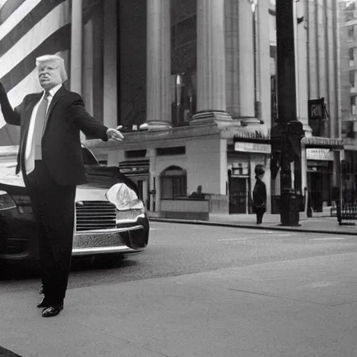 Image similar to “Very very impressive photo of Donald Trump standing in the middle of Fifth Avenue with a gun, atmospheric lighting, award-winning crisp details”