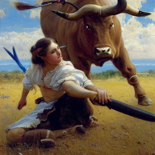 Prompt: a young girl killing a bull in a fight, highly detailed painting by gaston bussiere and j. c. leyendecker 8 k