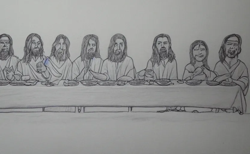 Image similar to last supper, drawn by a 5 year old detailed, sketh