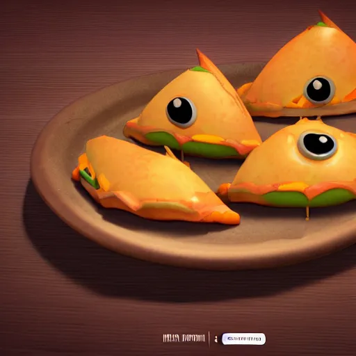 Image similar to concept art full view of a plate with three delicious turnovers with pumpkin glazing in the style of pixar and coco, octane render, cinema 4 d, isometric, farmville