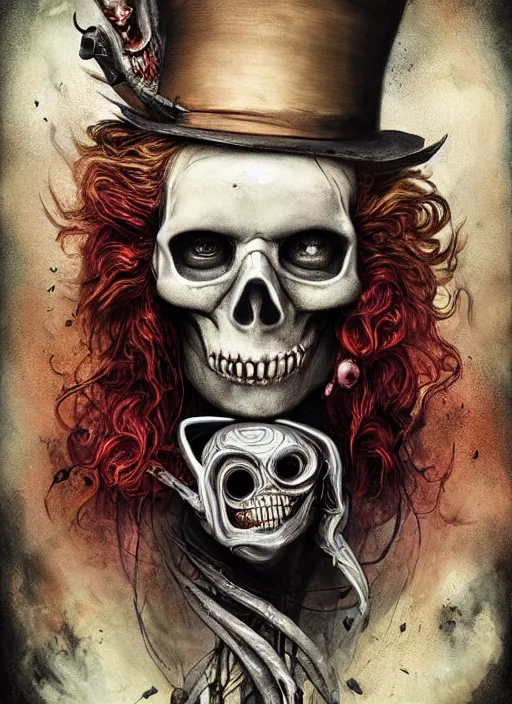 Image similar to mad hatter, alien, skull, highly detailed, cinematic, 8 k, by megan duncanson, benjamin lacombe, adrian borda, stanley artgermm, tom bagshaw, craig mullins, carne griffiths, ayami kojima, beksinski, giger, trending on deviantart, hyper detailed, horror, full of colour