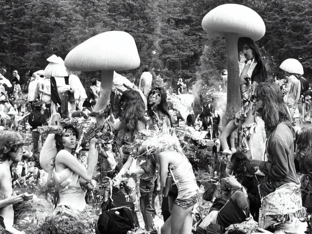 Image similar to 70s photo of giant mushroom smoking a joint at trippy psychedelic hippy festival Woodstock