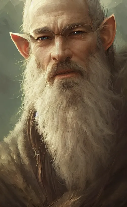 Prompt: Portrait of an elf in his 50s with a long beard and monacle, male, detailed face, fantasy, highly detailed, cinematic lighting, digital art painting by greg rutkowski