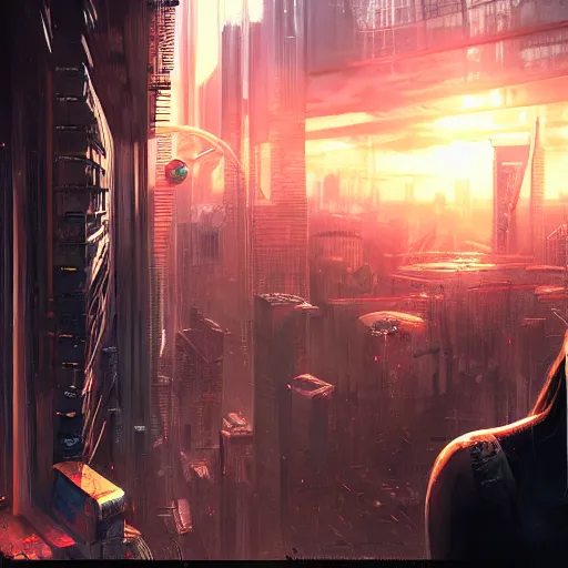 Prompt: portrait of a young beautiful cyberpunk woman, eye implants, black hair, sunset, neuromancer, cyberpunk city background, megacity, gorgeous view, depth, painted by seb mckinnon, high detail, digital art, painted by greg rutkowski, trending on artstation