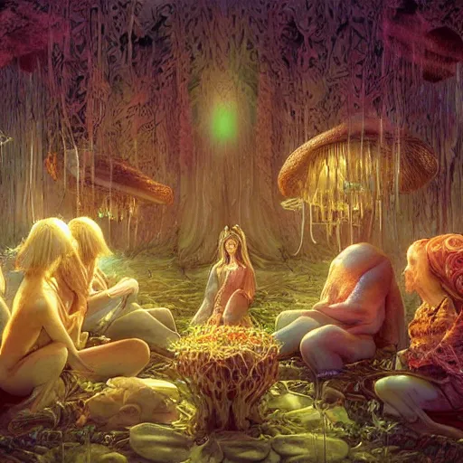 Image similar to mushroom goddess with group of elders, discussing the new season of friends, cynical realism, hiroya oku painterly, yoshitaka amano, chris cunningham, moebius, beautiful lighting, tendrils, in the style of, wlop, scientific diagram